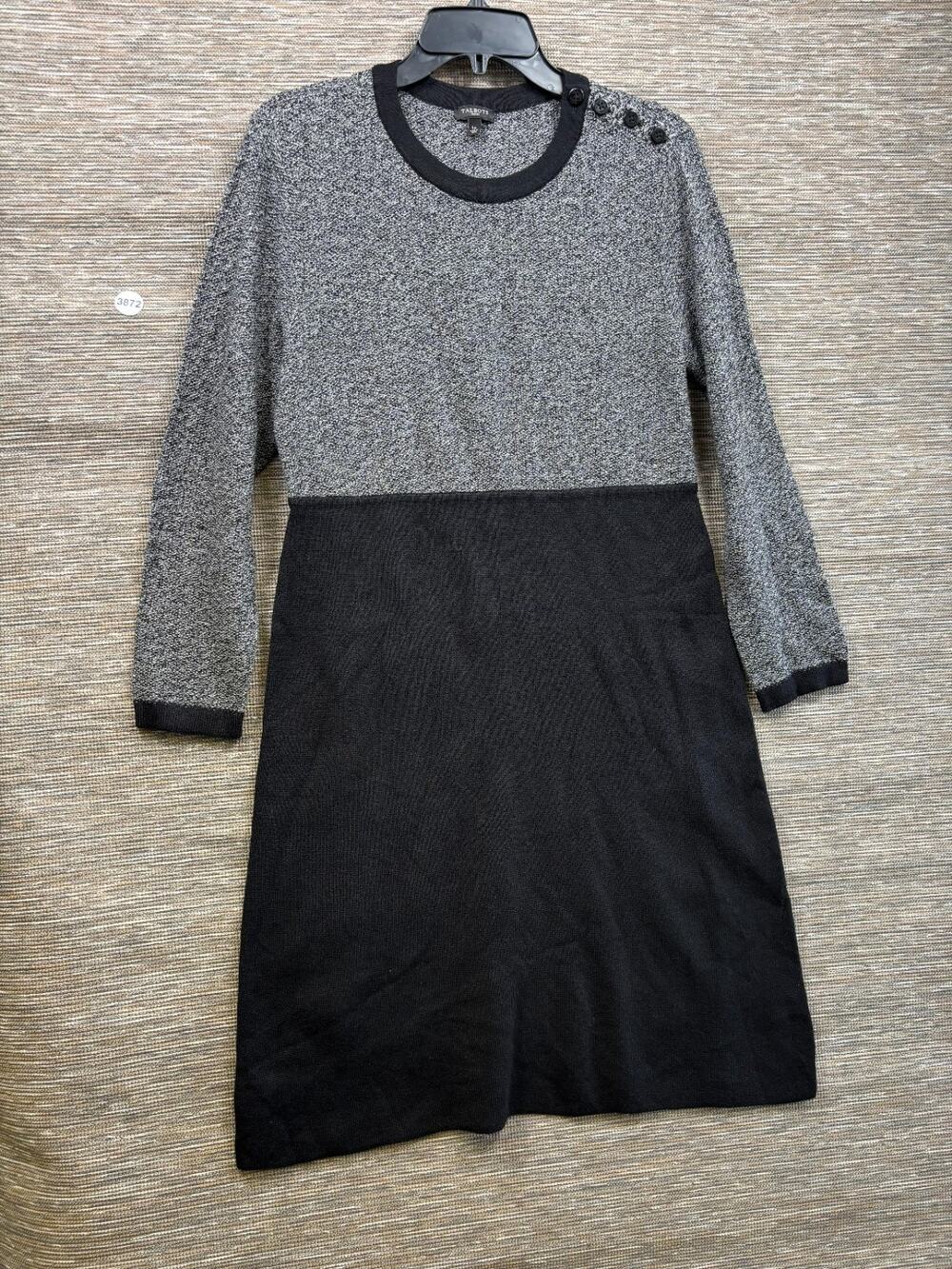 Talbots Midi Knit Sweater Dress Womens Size LP Black Gray Long Sleeve Round Neck